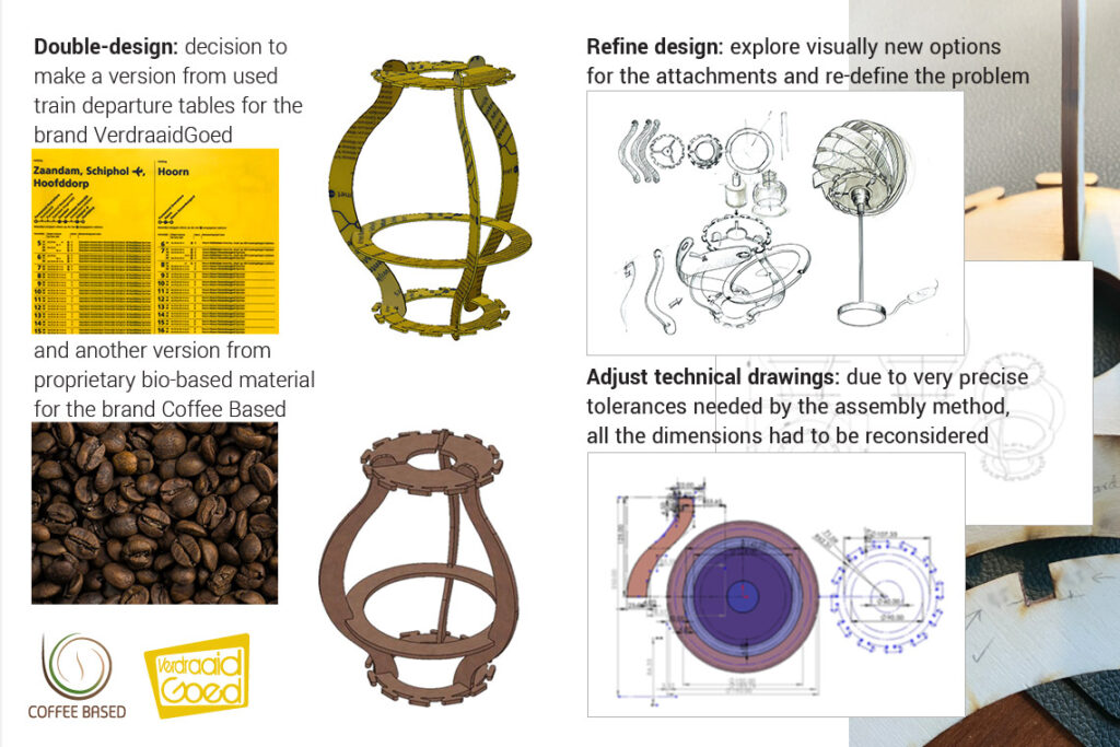 Double-design: decision to make a version from used train departure tables for the brand VerdraaidGoed and another version from proprietary bio-based material for the brand CoffeBased
Refine design: explore visually new options for the attachments and re-define the problem
Adjust technical drawings: due to very precise tolerances needed by the assembly method, all the dimensions had to be reconsidered

