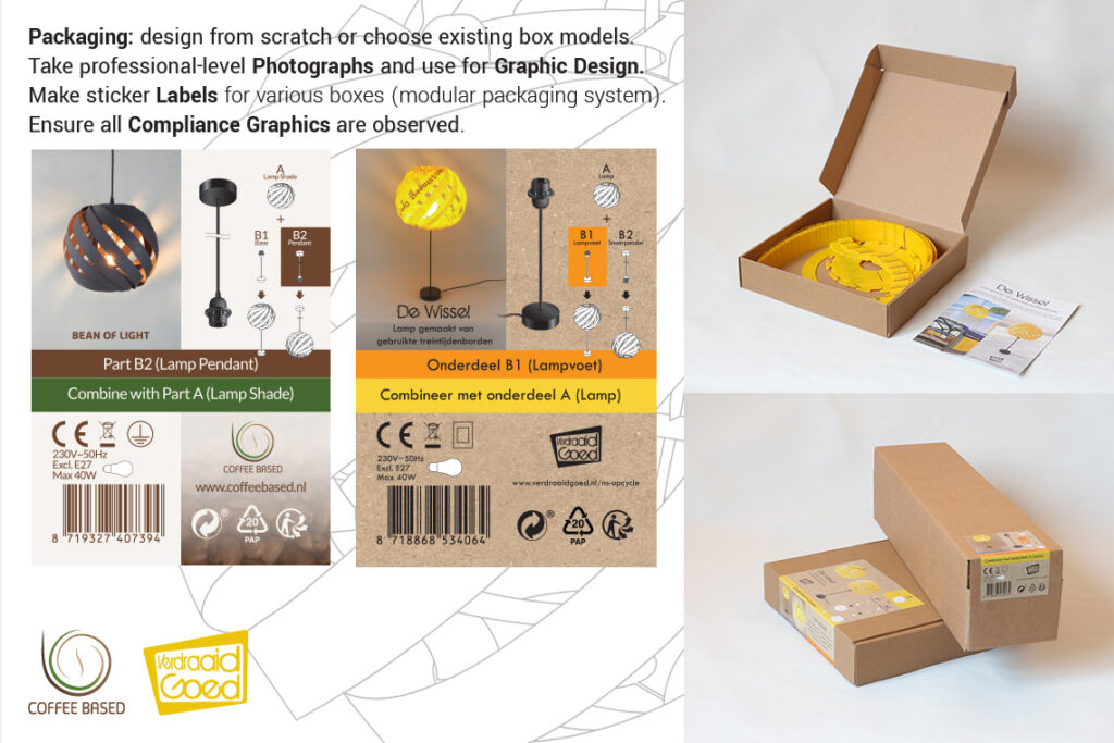 Packaging: design from scratch or choose existing box models. 
Take professional-level Photographs and use for Graphic Design. 
Make sticker Labels for various boxes (modular packaging system). 
Ensure all Compliance Graphics are observed.
